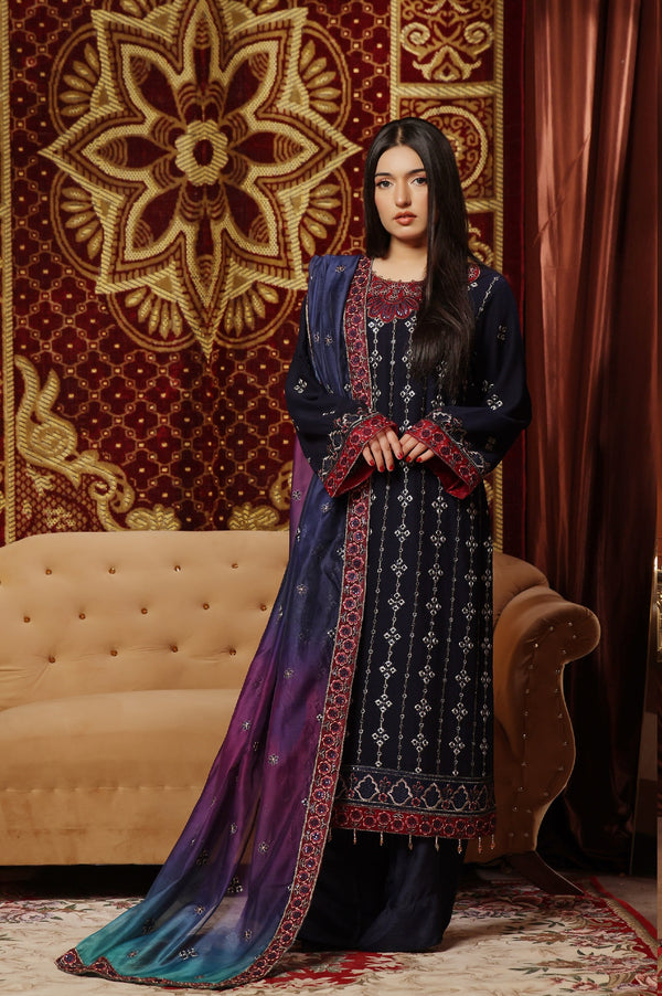 Nigar Luxury Chiffon Embroidered | Unstitched Navy Blue Eid' 25