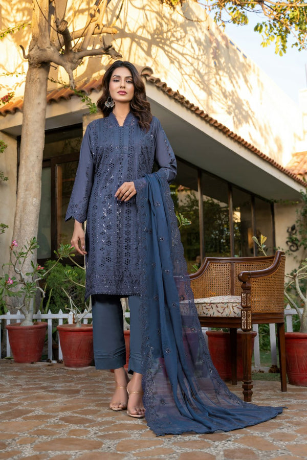 Cotton Unstitched Embroidered | Blue