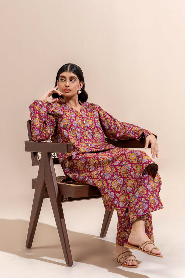 2 PIECE PRINTED LAWN SUIT-CHROMA CRIMSON (UNSTITCHED)