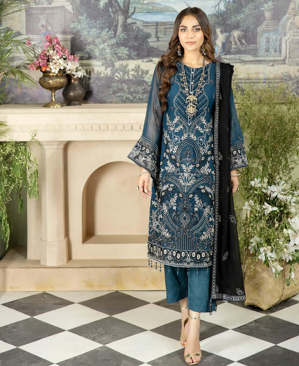 Bareea Chiffon | Unstitched Embroidered BRN-Turkish Blue