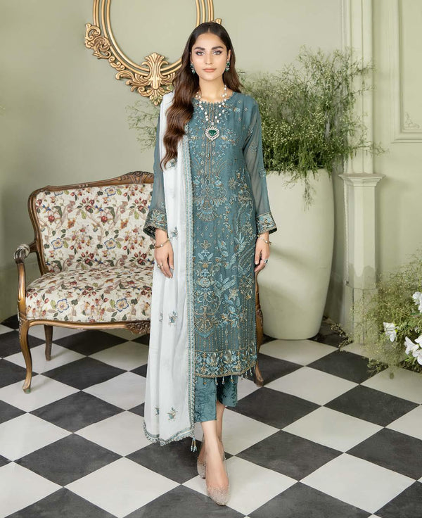 Bareea Chiffon | Unstitched Embroidered BRN-Sky blue