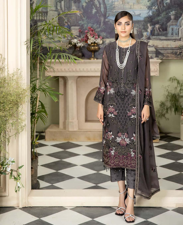 Bareea Chiffon | Unstitched Embroidered BRN-Charcoal Grey