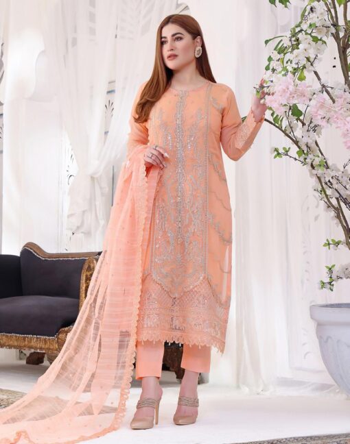 Unstitched Chiffon Embroidered | Delux Peach