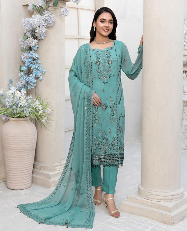 Luxury Chiffon Embroidered Unstitched - Turquoise