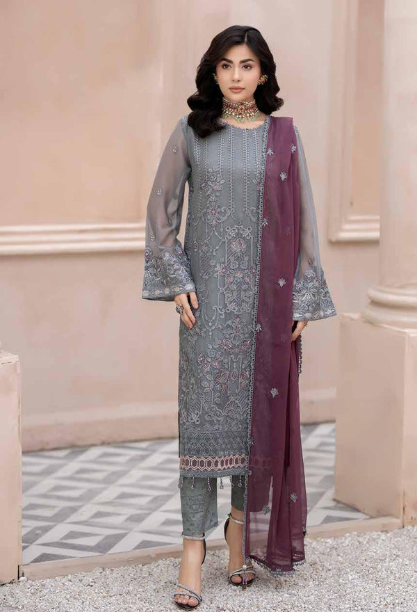 Maisa Luxury Chiffon | Unstitched Embroidered - Grey Majenta