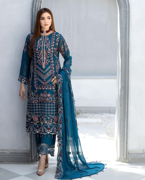 Nehir Premium Chiffon | Unstitched Embroidered - Aqua Blue