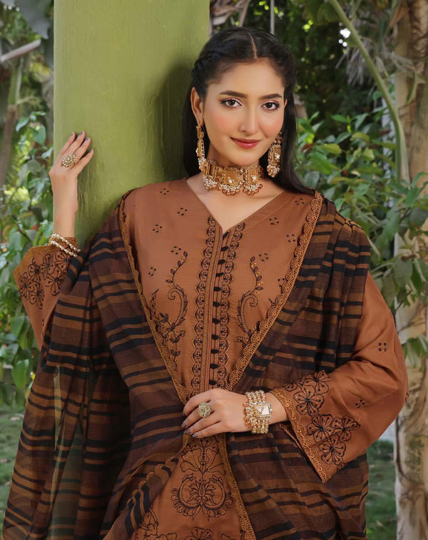 HMS-6105 Premium Chikankari Embroidered Lawn - Unstitched Sepia Brown