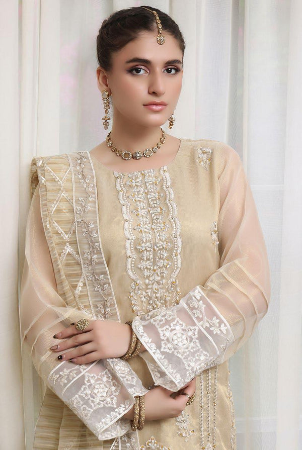 ALV-504 Khaadi Net Embroidered - Unstitched Soft Amber