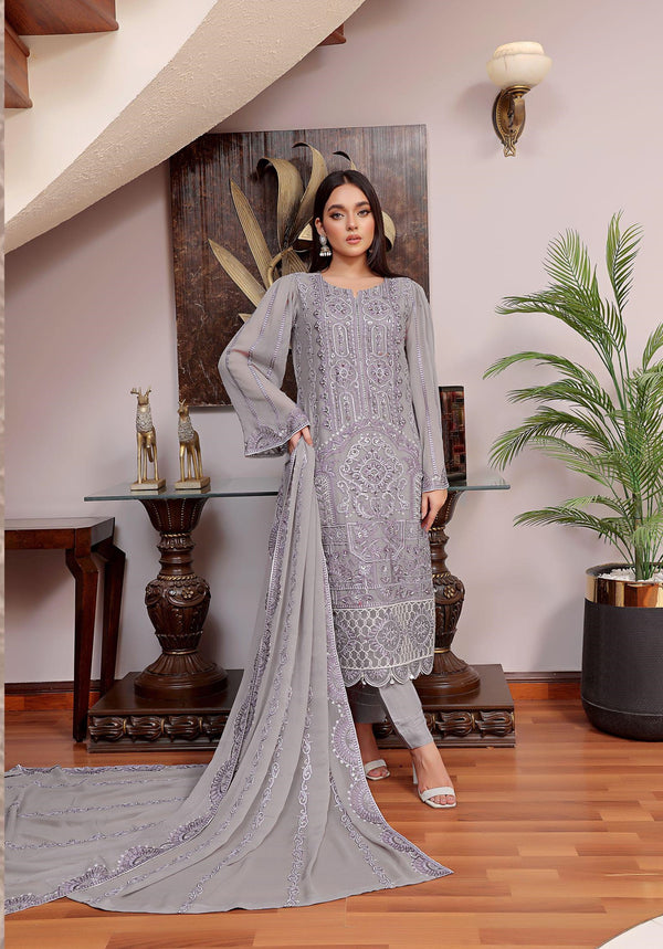 GLZ-1553 Luxury Chiffon Embroidered - Unstitched Smokey Grey