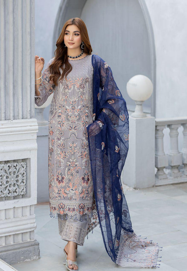 Nehir Premium Chiffon | Unstitched Embroidered - Grey